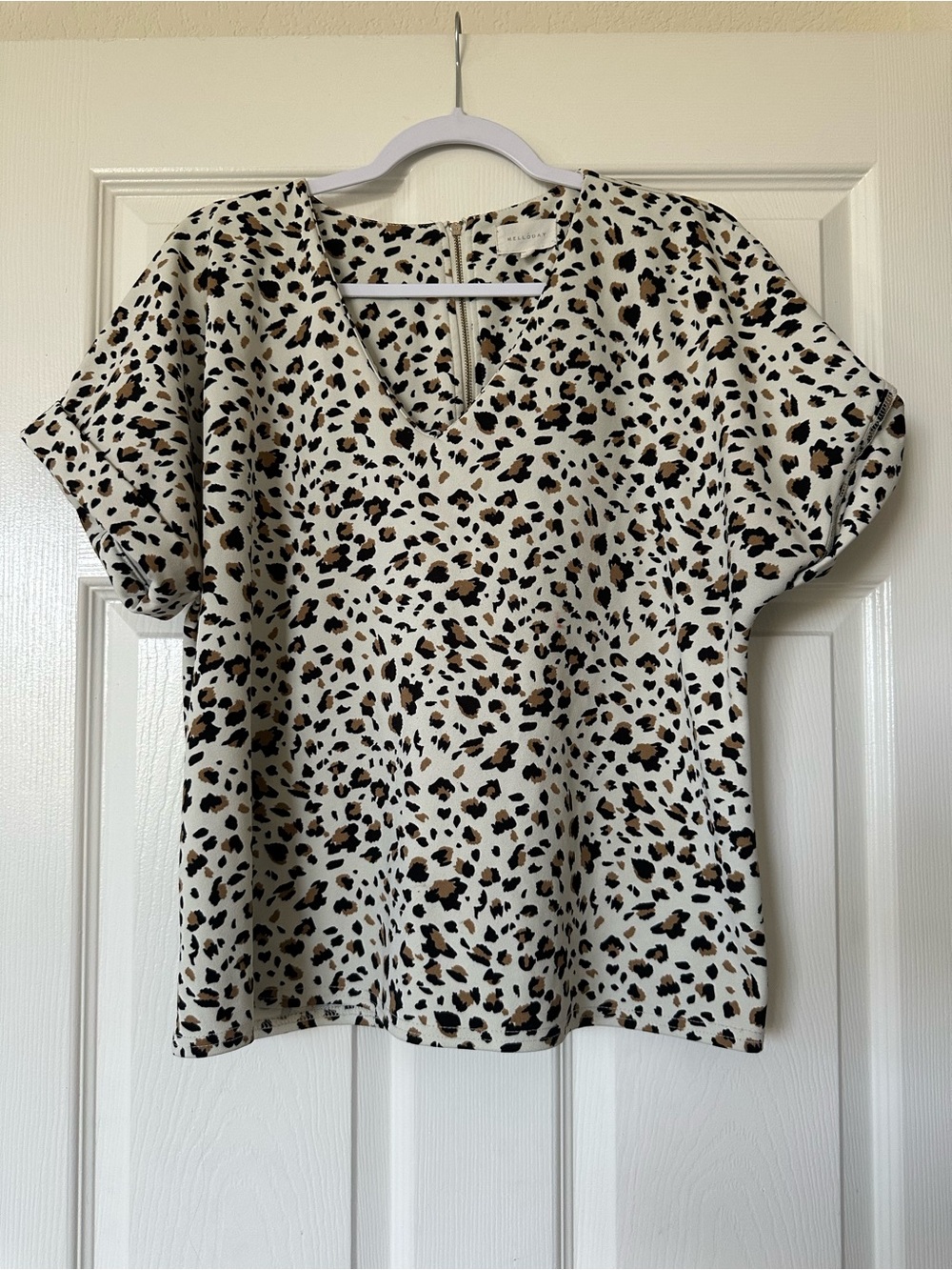 Melloday Leopard Print V-Neck Blouse Top Short Sleeve
